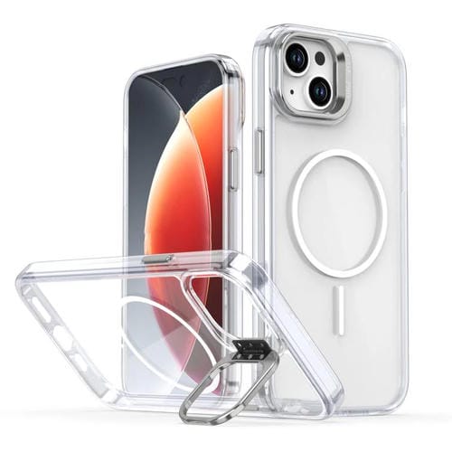 Funda para iPhone 15 Plus con marco de lente MagSafe transparente y brillante (blanco)