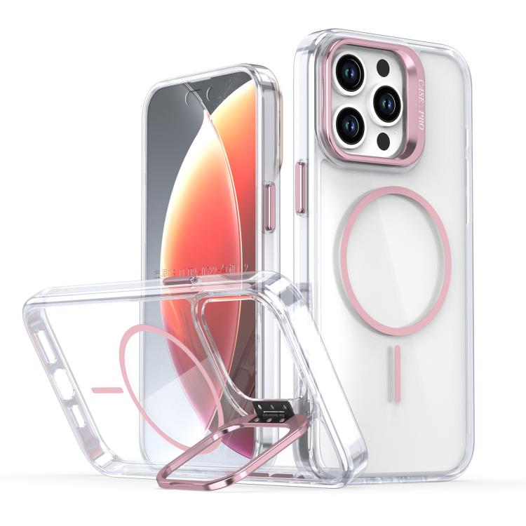 Funda para iPhone 14 Pro Max con marco de lente MagSafe transparente y brillante (rosa)