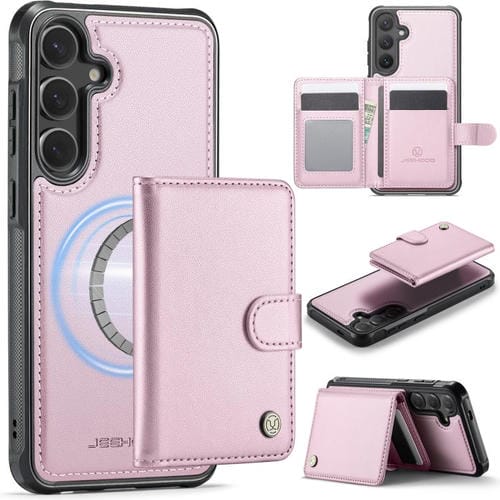 Funda de cuero con hebilla magnética para Samsung Galaxy S25 5G JEEHOOD J09, con ranuras para tarjetas, estilo RFID y MagSafe (rosa)