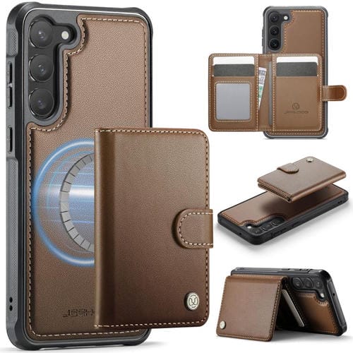 For Samsung Galaxy S23+ 5G JEEHOOD J09 Buckle Card Bag MagSafe Magnetic Style RFID Leather Phone Case(Brown)