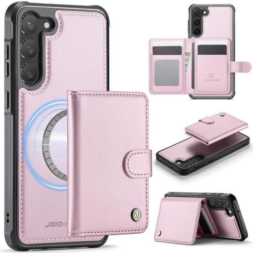 For Samsung Galaxy S23 5G JEEHOOD J09 Buckle Card Bag MagSafe Magnetic Style RFID Leather Phone Case(Pink)