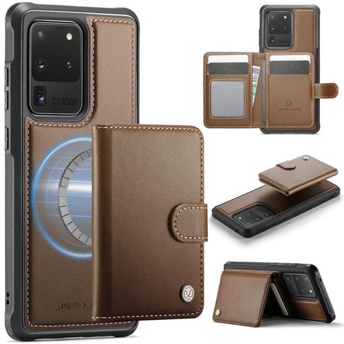 For Samsung Galaxy S20 Ultra 5G JEEHOOD J09 Buckle Card Bag MagSafe Magnetic Style RFID Leather Phone Case(Brown)