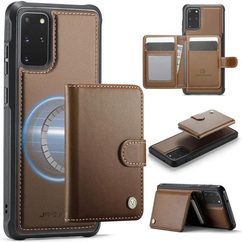 Funda de cuero con hebilla magnética para Samsung Galaxy S20+ JEEHOOD J09, con ranuras para tarjetas, MagSafe, RFID (marrón)