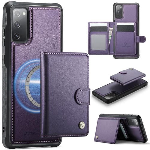 Funda de cuero con hebilla magnética para Samsung Galaxy S20 FE JEEHOOD J09, con ranuras para tarjetas, MagSafe, RFID (morado)