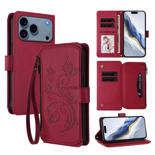 Funda de cuero con cremallera para iPhone 17 Pro, diseño de mariposas, flores y amor (rojo vino)