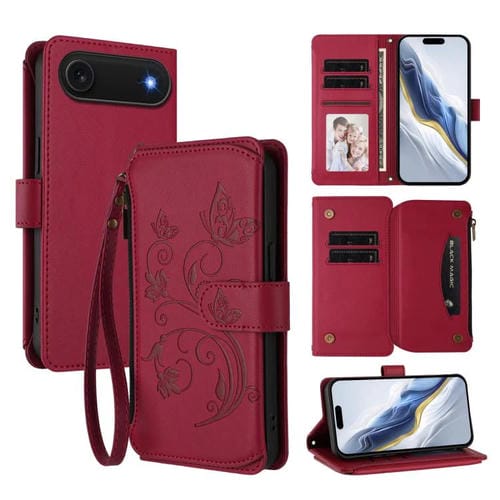 Funda de cuero con cremallera para iPhone 17 Air, diseño de mariposas, flores y amor, con múltiples tarjetas (rojo vino)