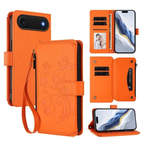Funda de cuero con cremallera para iPhone 17 Air, diseño de mariposas y flores, con múltiples tarjetas (naranja)