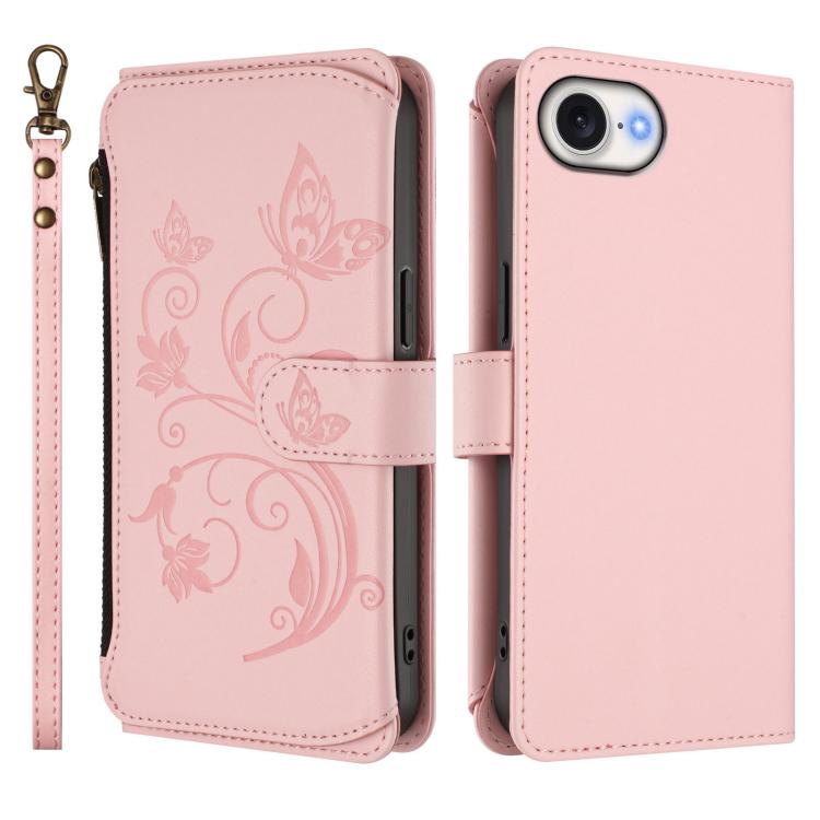 Funda de cuero con cremallera para iPhone 16e, diseño de mariposas, flores y amor (rosa)