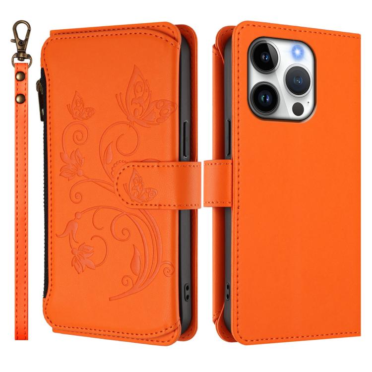 Funda de cuero con cremallera para iPhone 16 Pro Max, diseño de mariposas, flores y amor (naranja)