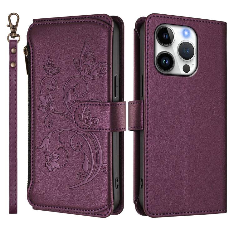Funda de cuero con cremallera para iPhone 16 Pro, diseño de mariposas, flores y amor (morado oscuro)