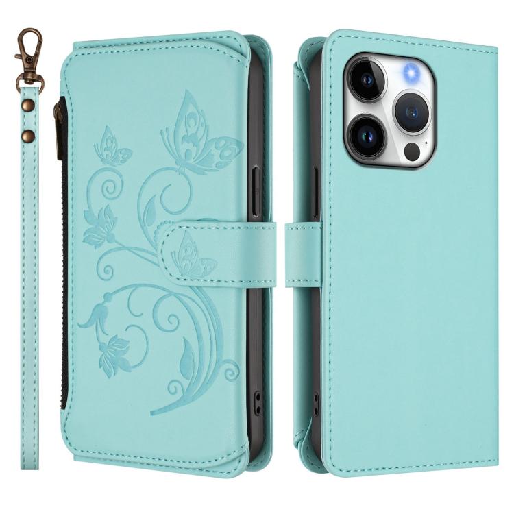 Funda de cuero con cremallera para iPhone 16 Pro, diseño de mariposas, flores y amor (verde menta)