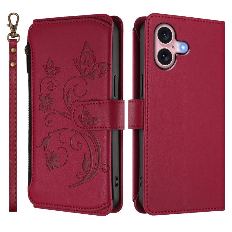 Funda de cuero con cremallera para iPhone 16 Plus, diseño de mariposas, flores y amor (rojo vino)