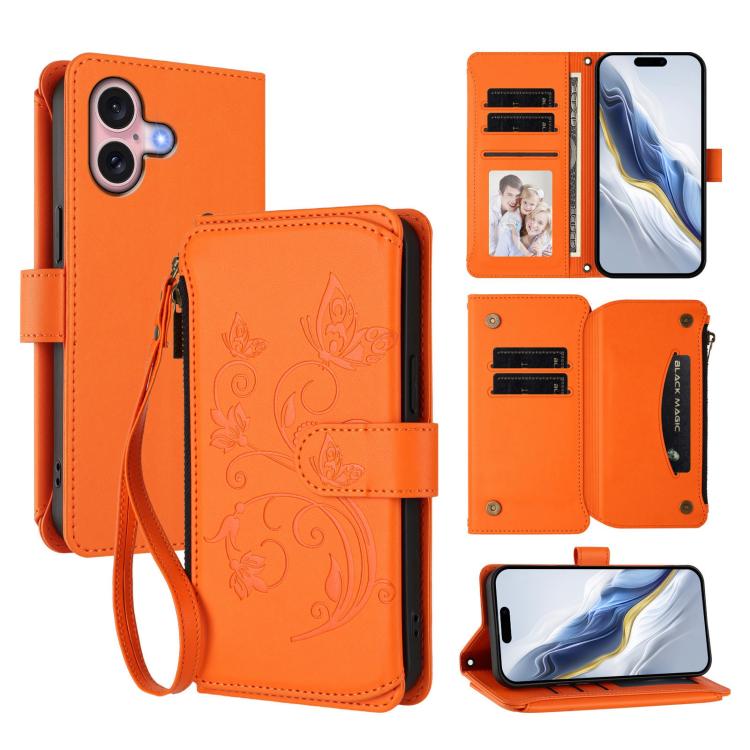 Funda de cuero con cremallera para iPhone 16 Plus, diseño de mariposas, flores y amor (naranja)