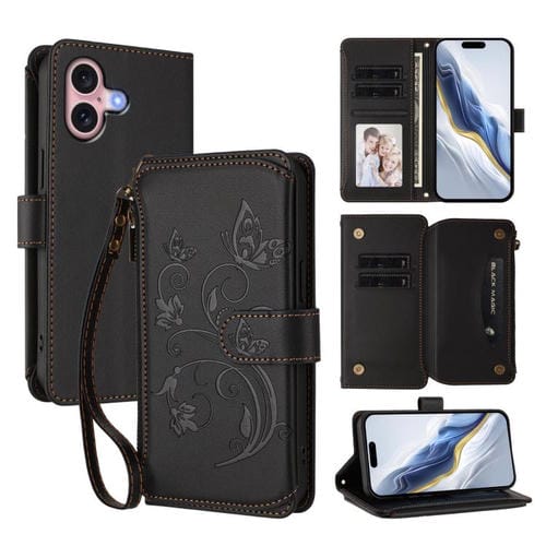 Funda de cuero con cremallera para iPhone 16, diseño de mariposas, flores y amor, con múltiples tarjetas (negro)