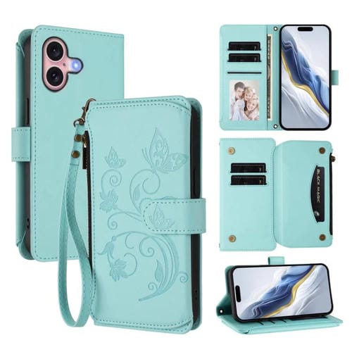 Funda de cuero con cremallera para iPhone 16, diseño de mariposas, flores y amor (verde menta)