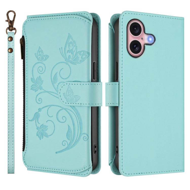 Funda de cuero con cremallera para iPhone 16, diseño de mariposas, flores y amor (verde menta)