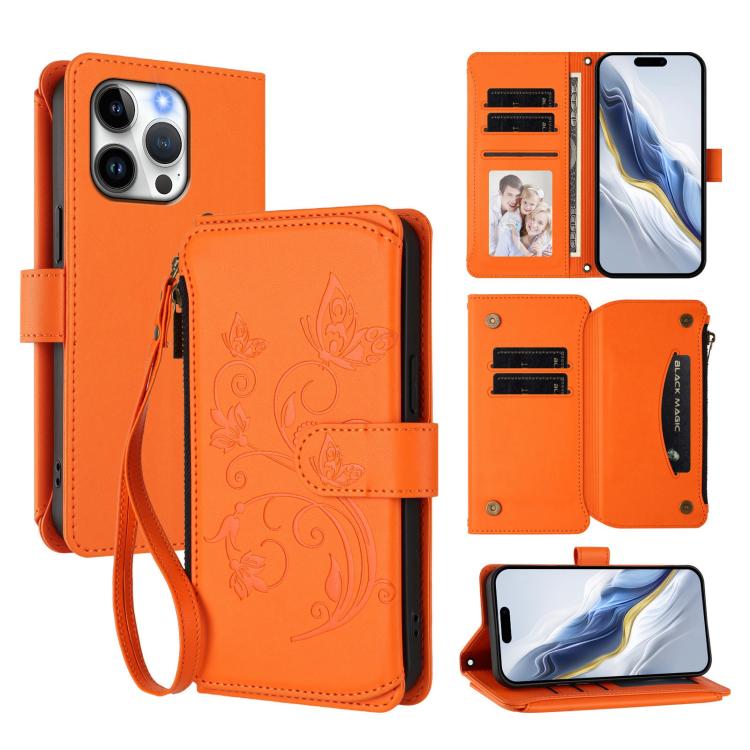 Funda de cuero con cremallera para iPhone 15 Pro Max, diseño de mariposas, flores y amor (naranja)