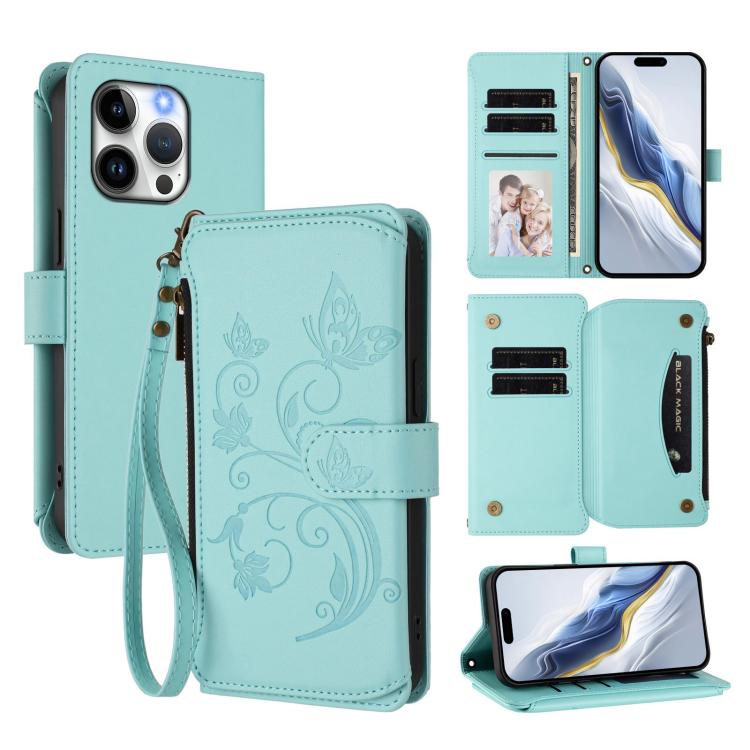 Funda de cuero con cremallera para iPhone 15 Pro, diseño de mariposas, flores y amor (verde menta)