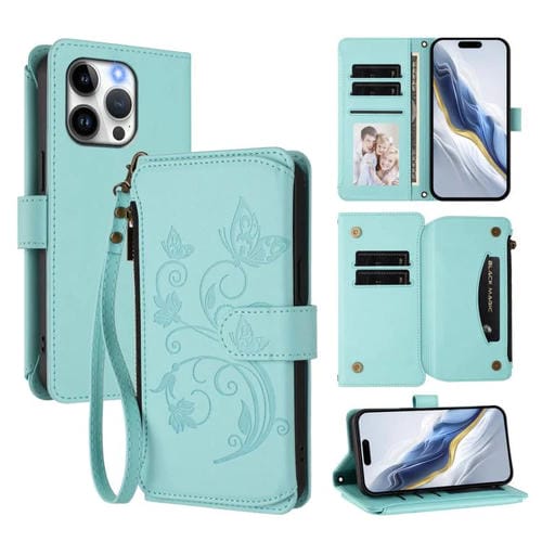Funda de cuero con cremallera para iPhone 15 Pro, diseño de mariposas, flores y amor (verde menta)