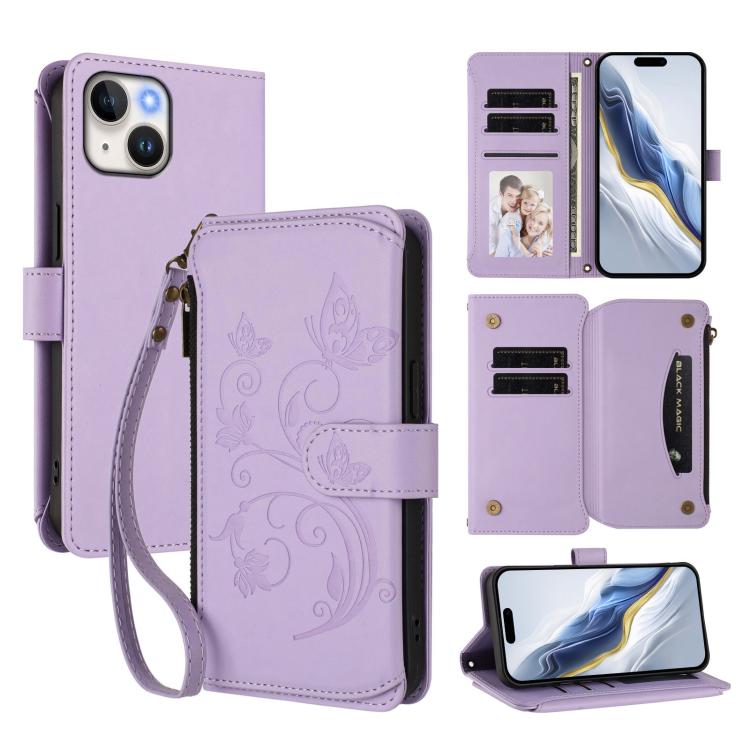 Funda de cuero con cremallera para iPhone 14/13, diseño de mariposas, flores y amor (morado claro)