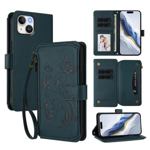 Funda de cuero con cremallera para iPhone 13 mini, diseño de mariposas, flores y amor, con múltiples tarjetas (verde oscuro)