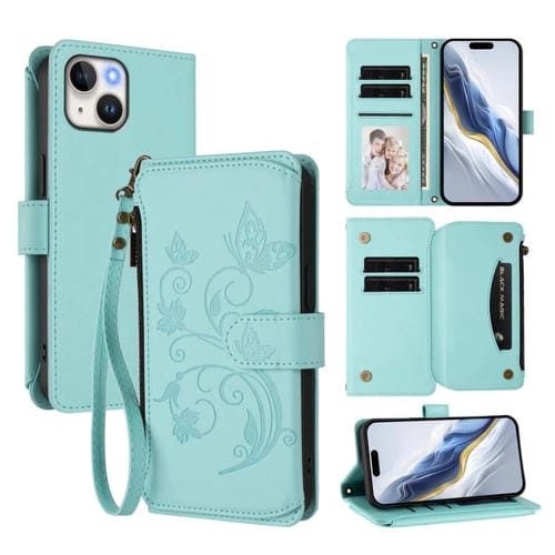 Funda de cuero con cremallera para iPhone 13 mini, diseño de mariposas, flores y amor, con múltiples tarjetas (verde menta)