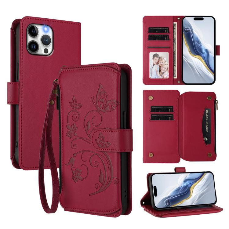 Funda de cuero con cremallera para iPhone 12 Pro Max, diseño de mariposas, flores y amor (rojo vino)