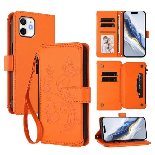 Funda de cuero con cremallera para iPhone 12 mini, diseño de mariposas, flores y amor, con múltiples tarjetas (naranja)