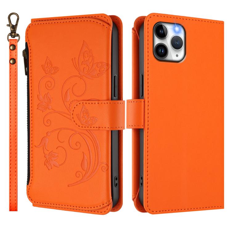 Funda de cuero con cremallera para iPhone 11 Pro Max, diseño de mariposas, flores y amor (naranja)