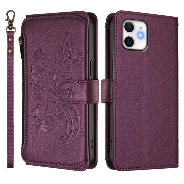 Funda de cuero con cremallera para iPhone 11, diseño de mariposas, flores y amor (morado oscuro)
