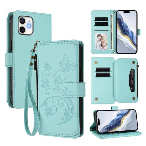 Funda de cuero con cremallera para iPhone 11, diseño de mariposas, flores y amor (verde menta)