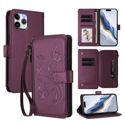 Funda de cuero con cremallera para iPhone 11 Pro, diseño de mariposas, flores y amor (morado oscuro)