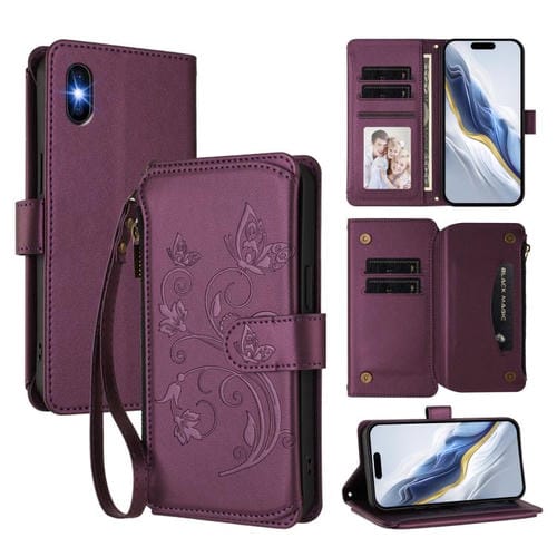 Funda de cuero con cremallera para iPhone XS Max, diseño de mariposas, flores y amor (morado oscuro)