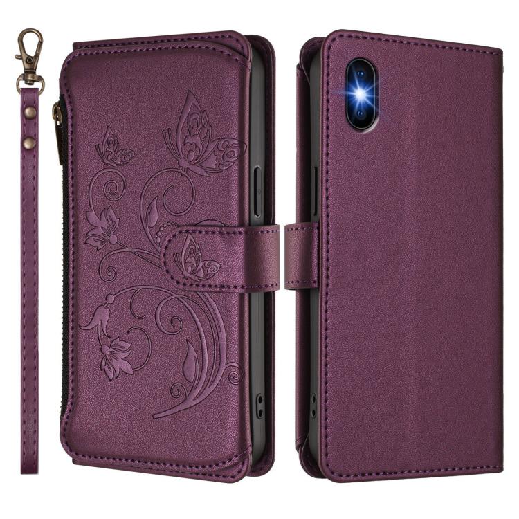 Funda de cuero con cremallera para iPhone XS Max, diseño de mariposas, flores y amor (morado oscuro)