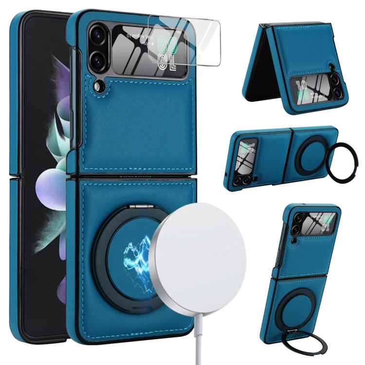 Funda de cuero con soporte giratorio y pelĂcula MagSafe integrada para Samsung Galaxy Z Flip4 (azul)