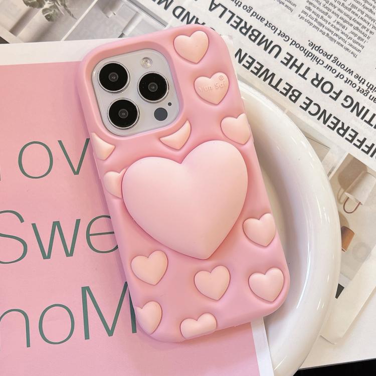 Funda de silicona con diseño de corazón 3D para iPhone 16 Pro Max (rosa)