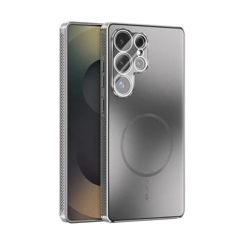 Funda ABEEL MagSafe esmerilada con disipación de calor y película para lente para Samsung Galaxy S25 Ultra 5G (plateada)