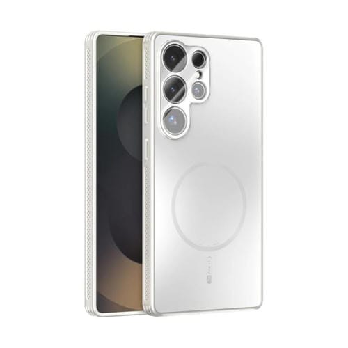 Funda ABEEL MagSafe esmerilada con disipación de calor y película para lente para Samsung Galaxy S25 Ultra 5G (blanca)