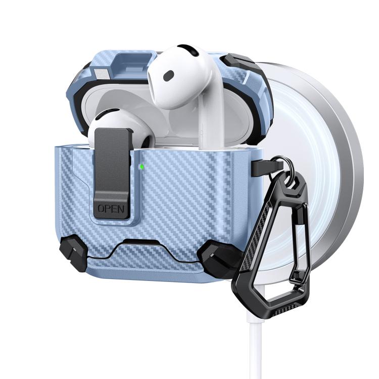 Estuche magnético MagSafe de dos colores con diseño de fibra de carbono para AirPods 4 (negro y azul)