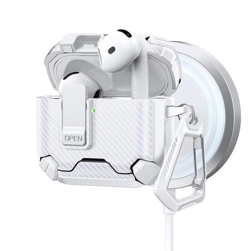 Estuche magnético MagSafe de dos colores con diseño de fibra de carbono para AirPods 4 (blanco)