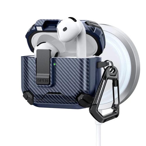 Estuche magnético MagSafe de dos colores con diseño de fibra de carbono para AirPods 4 (negro y azul oscuro)