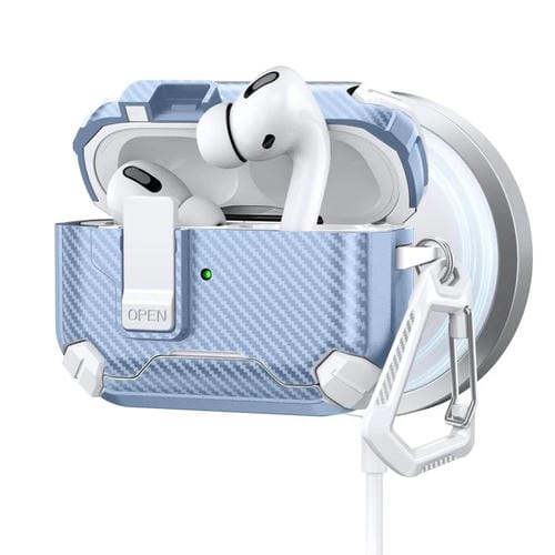 Estuche magnético MagSafe de dos colores con diseño de fibra de carbono para AirPods Pro (blanco y azul claro)
