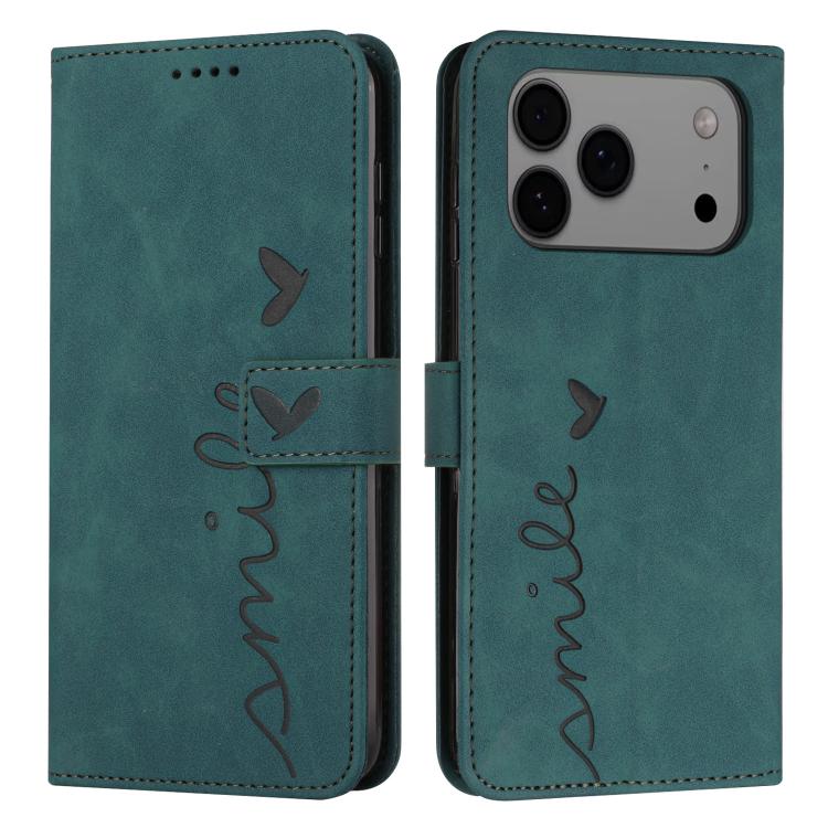 Funda de piel con relieve de corazón y cordón largo para iPhone 17 Pro Max (verde)