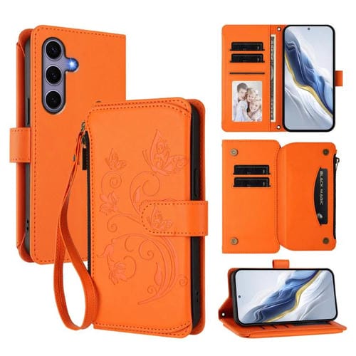 Funda de cuero con cremallera para Samsung Galaxy S24+ / S25+ 5G, diseño de mariposas, flores y amor, con múltiples tarjetas (naranja)