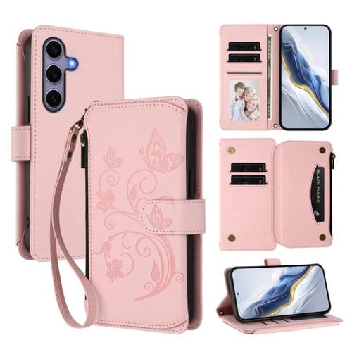 Funda de cuero con cremallera para Samsung Galaxy S24+ / S25+ 5G, diseño de mariposas, flores y amor, con múltiples tarjetas (rosa)