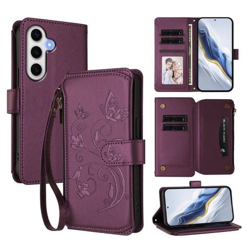 Funda de cuero con cremallera para Samsung Galaxy S24 FE 5G, diseño de mariposas, flores y amor, con múltiples tarjetas (morado oscuro)