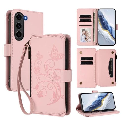 Funda de cuero con cremallera para Samsung Galaxy S23+ 5G, diseño de mariposas, flores y amor, con múltiples tarjetas (rosa)