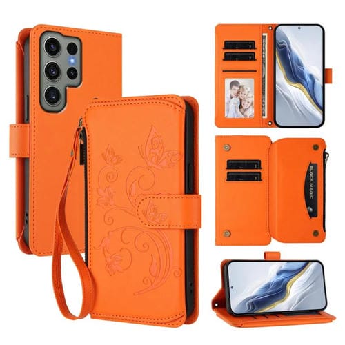 Funda de cuero con cremallera para Samsung Galaxy S23 Ultra 5G, diseño de mariposas, flores y amor, con múltiples tarjetas (naranja)