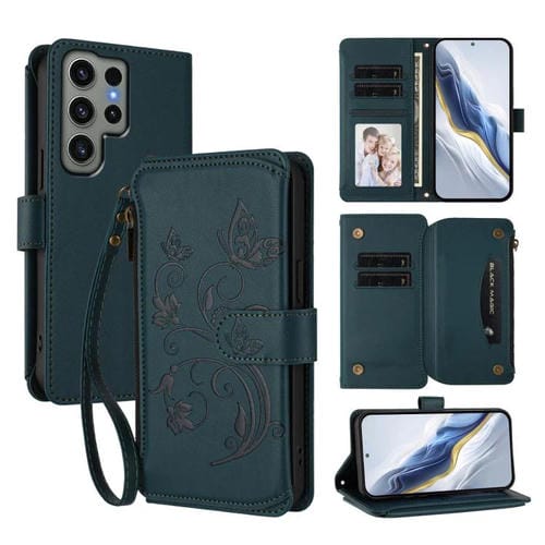 Funda de cuero con cremallera para Samsung Galaxy S23 Ultra 5G, diseño de mariposas, flores y amor, con múltiples tarjetas (verde oscuro)