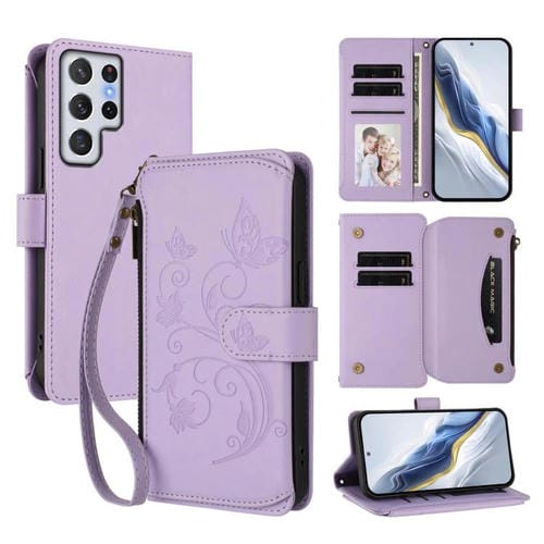 Funda de cuero con cremallera para Samsung Galaxy S22 Ultra 5G, diseño de mariposas, flores y amor, con múltiples tarjetas (morado claro)